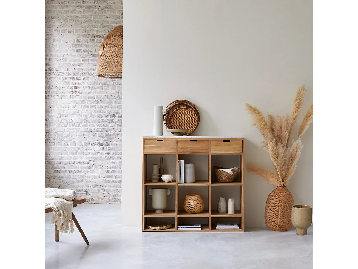 Niedriges Bücherregal Miho aus massivem Teakholz mit Premium-Terrazzo White