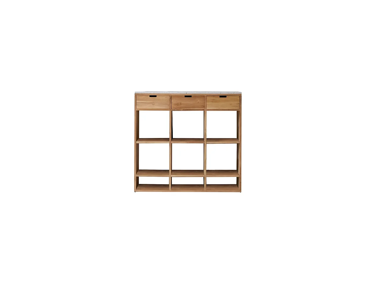Miho - Low solid teak bookcase with premium white terrazzo