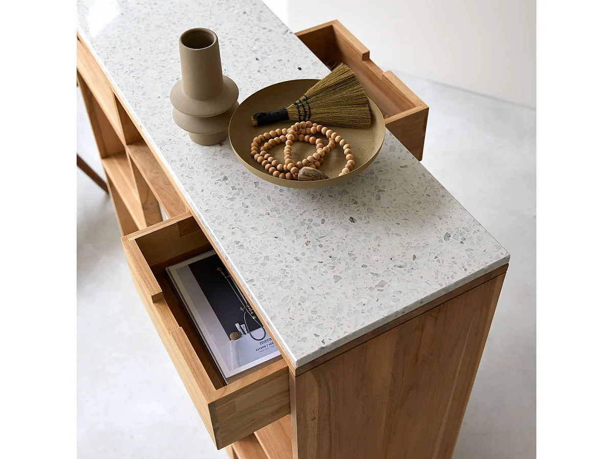 Miho - Low solid teak bookcase with premium white terrazzo