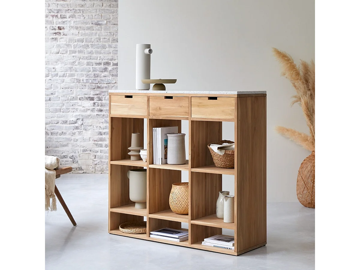 Miho - Low solid teak bookcase with premium white terrazzo
