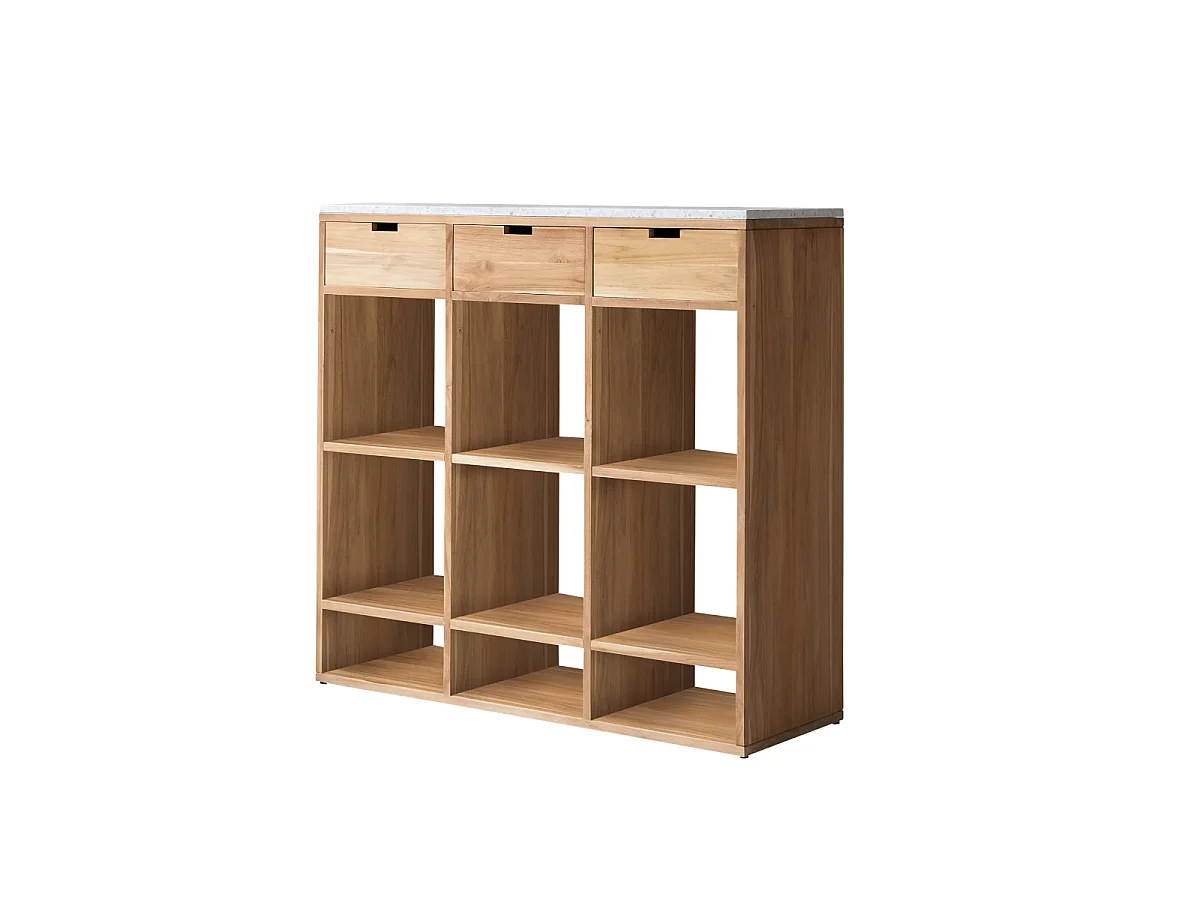 Miho - Low solid teak bookcase with premium white terrazzo