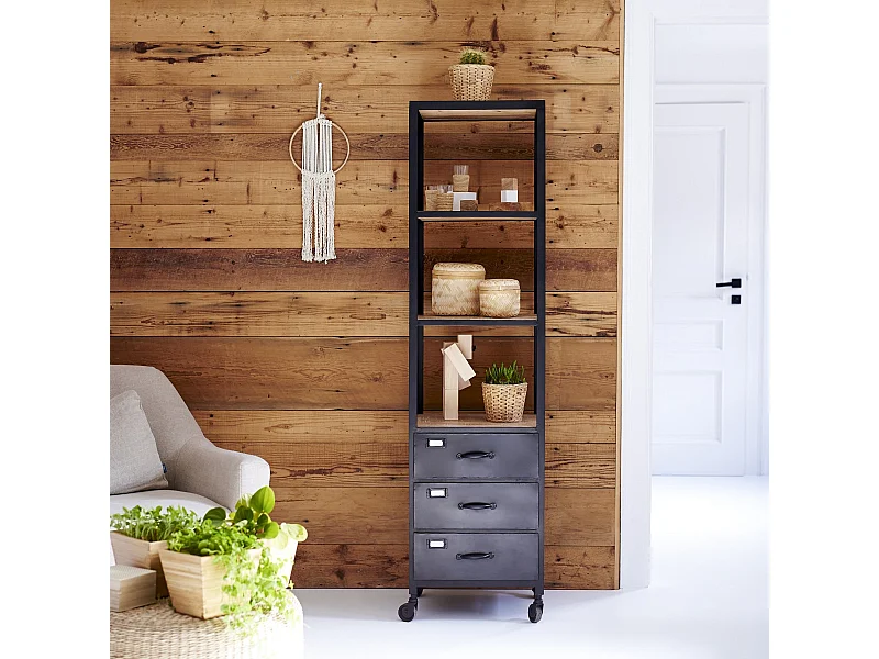 Hochschrank auf Rollen im industriellen Stil mit Mangoholz und Metall 170 cm
