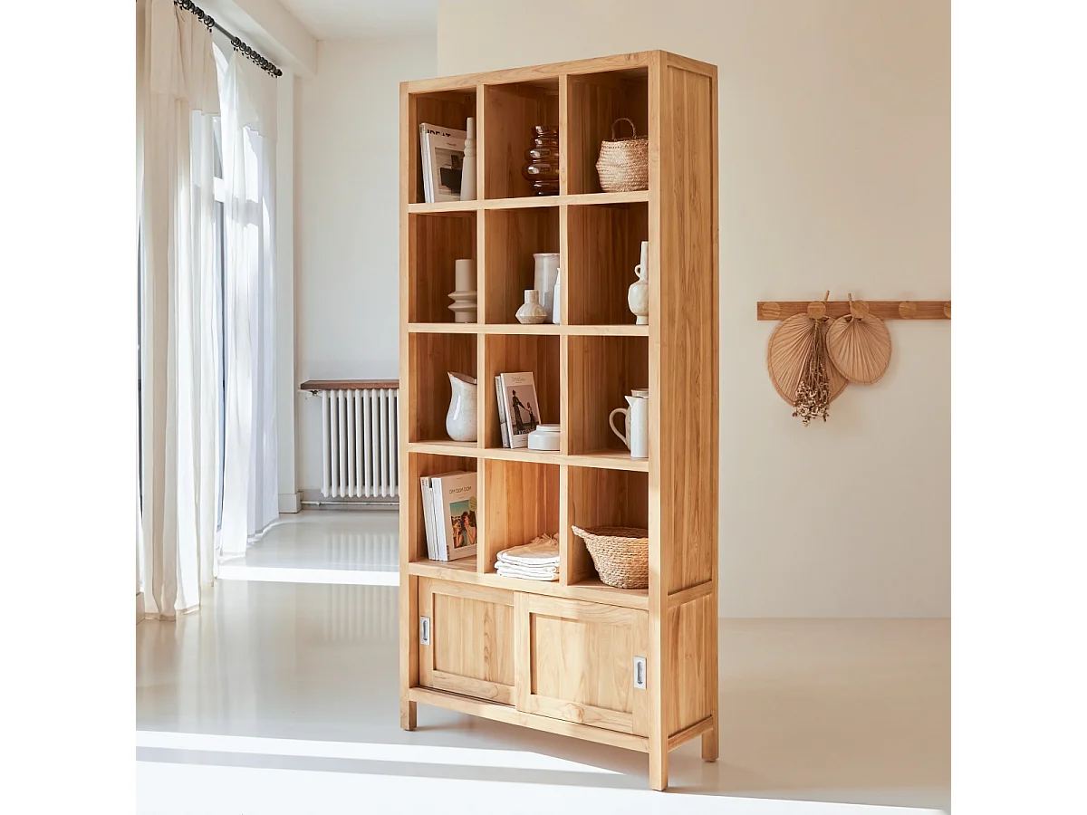 Libreria biblioteca soggiorno studio legno massello teak tek teck scorrevoli