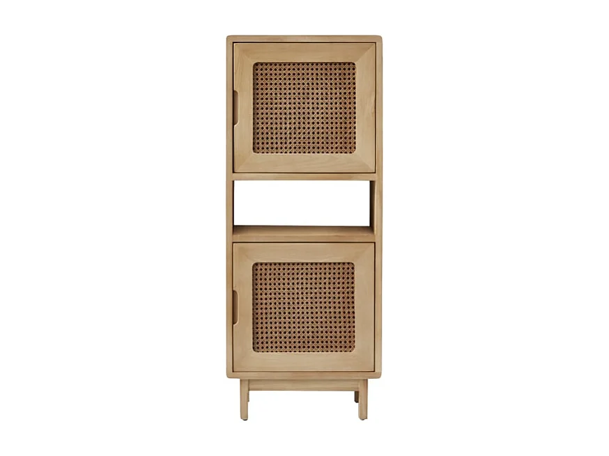 Niedriger Bücherschrank Luis aus massivem Ulmenholz und Rattangeflecht