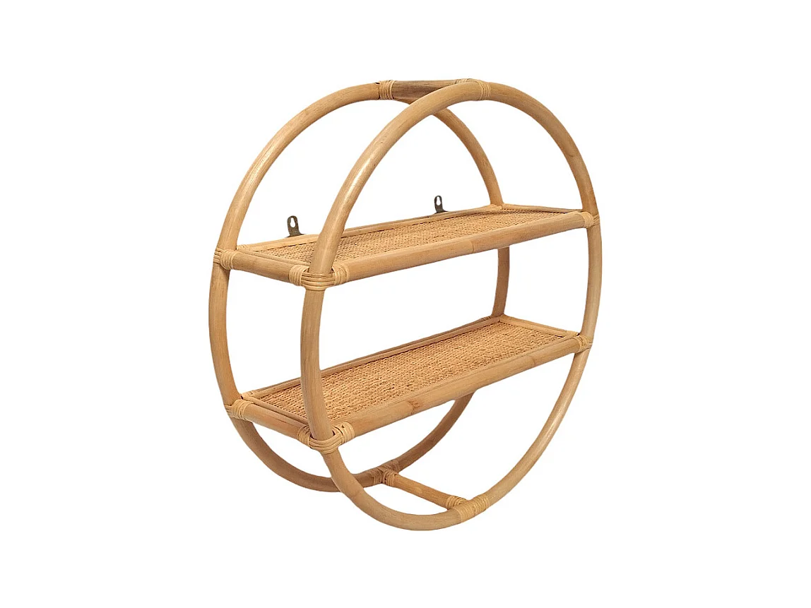 Etagère murale ronde D. 60 cm en rotin naturel 2 tablettes - HAZEL