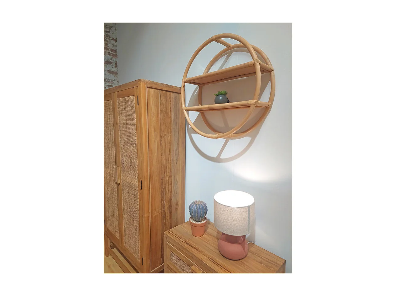 Etagère murale ronde D. 60 cm en rotin naturel 2 tablettes - HAZEL