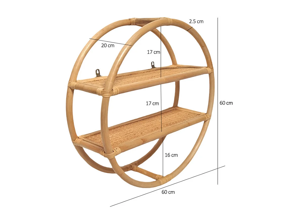 Etagère murale ronde D. 60 cm en rotin naturel 2 tablettes - HAZEL