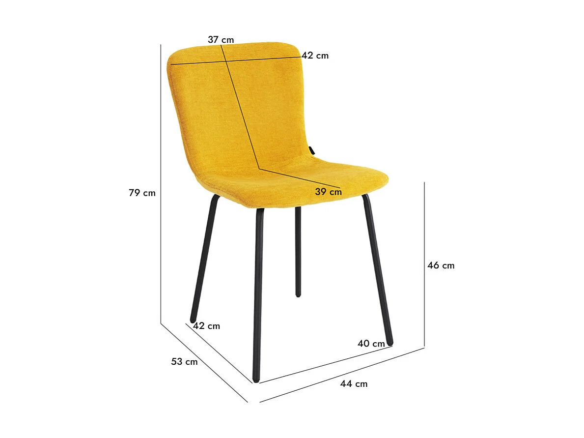 Lot de 2 chaises de repas en tissu jaune et pieds métal noir – ASTRID