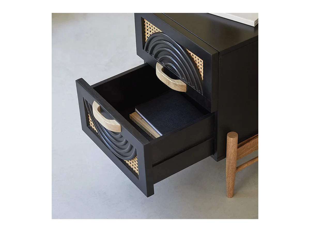 Chevet en bois de manguier massif noir et rotin Sina