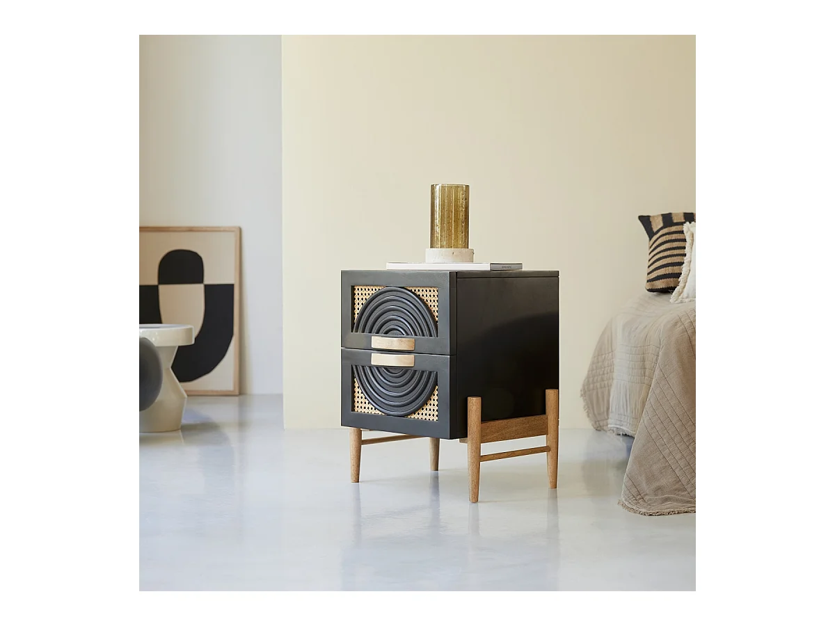 Chevet en bois de manguier massif noir et rotin Sina