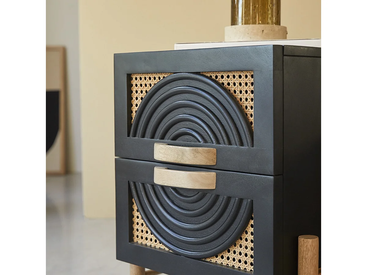 Chevet en bois de manguier massif noir et rotin Sina