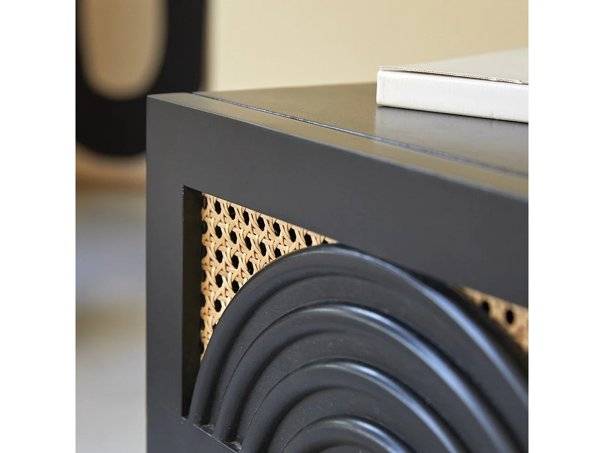 Chevet en bois de manguier massif noir et rotin Sina