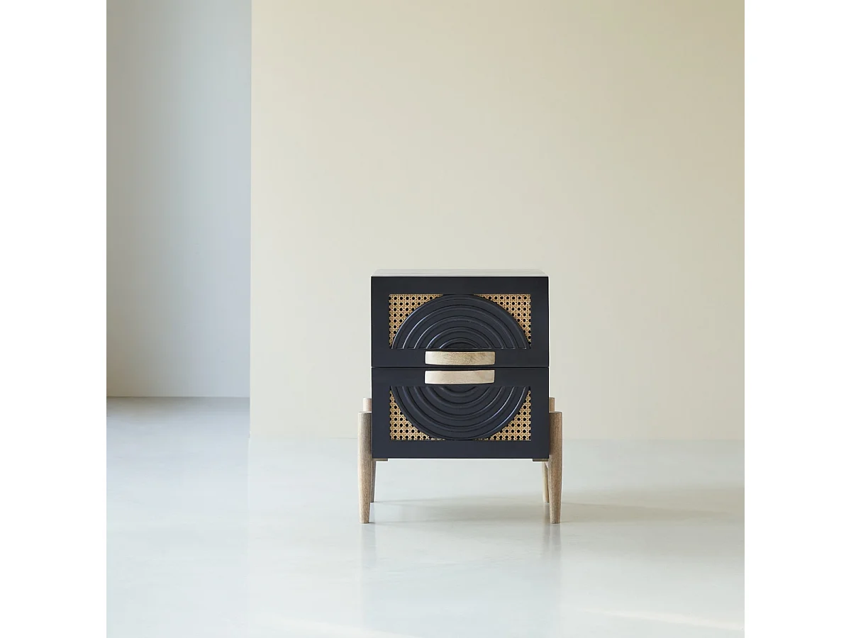 Chevet en bois de manguier massif noir et rotin Sina