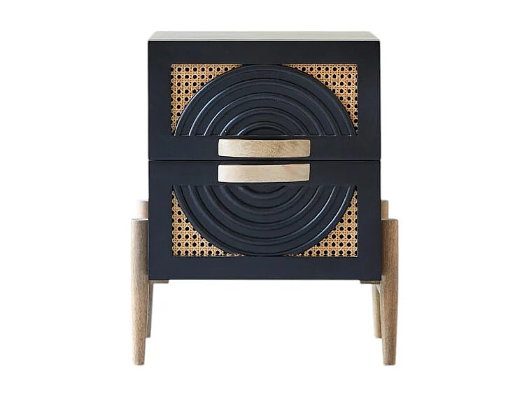 Nachttisch Sina aus massivem Mangoholz in Schwarz und Rattan