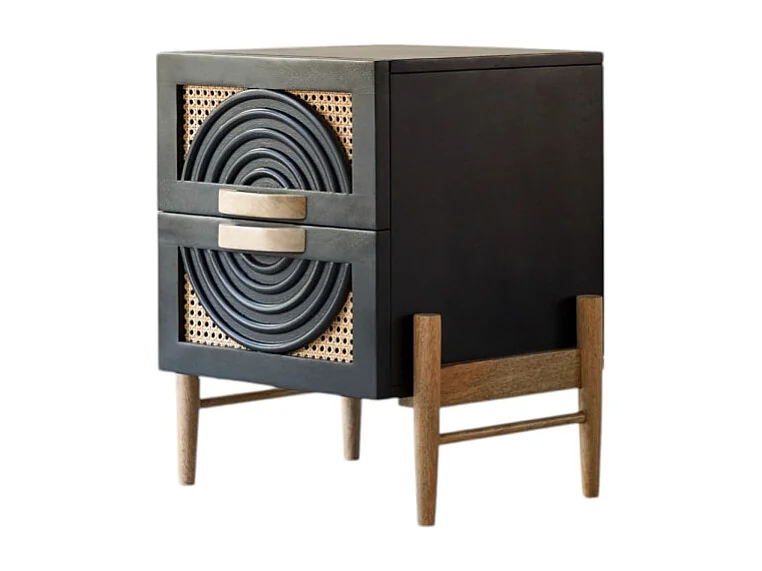 Nachttisch Sina aus massivem Mangoholz in Schwarz und Rattan