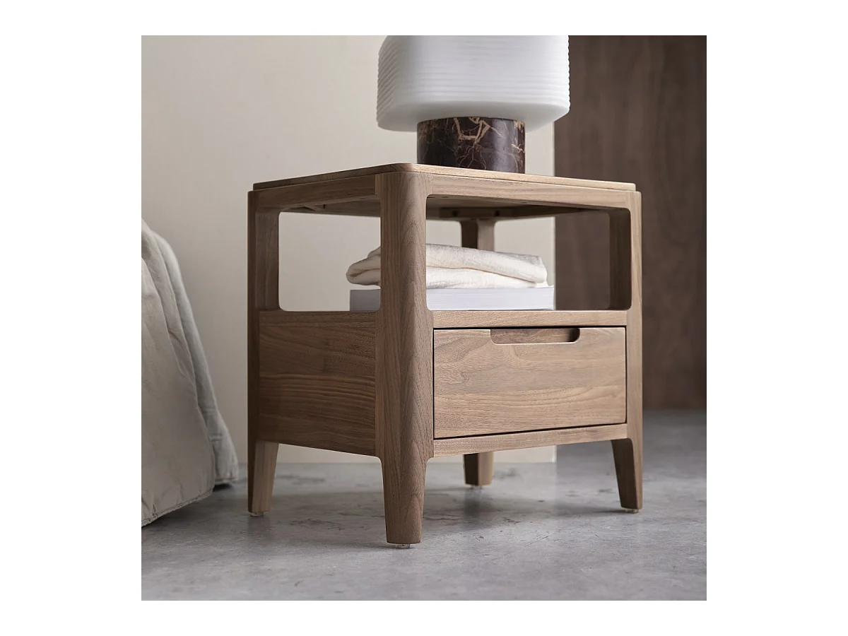 Comodino Arto a 1 cassetto in legno di noce massello
