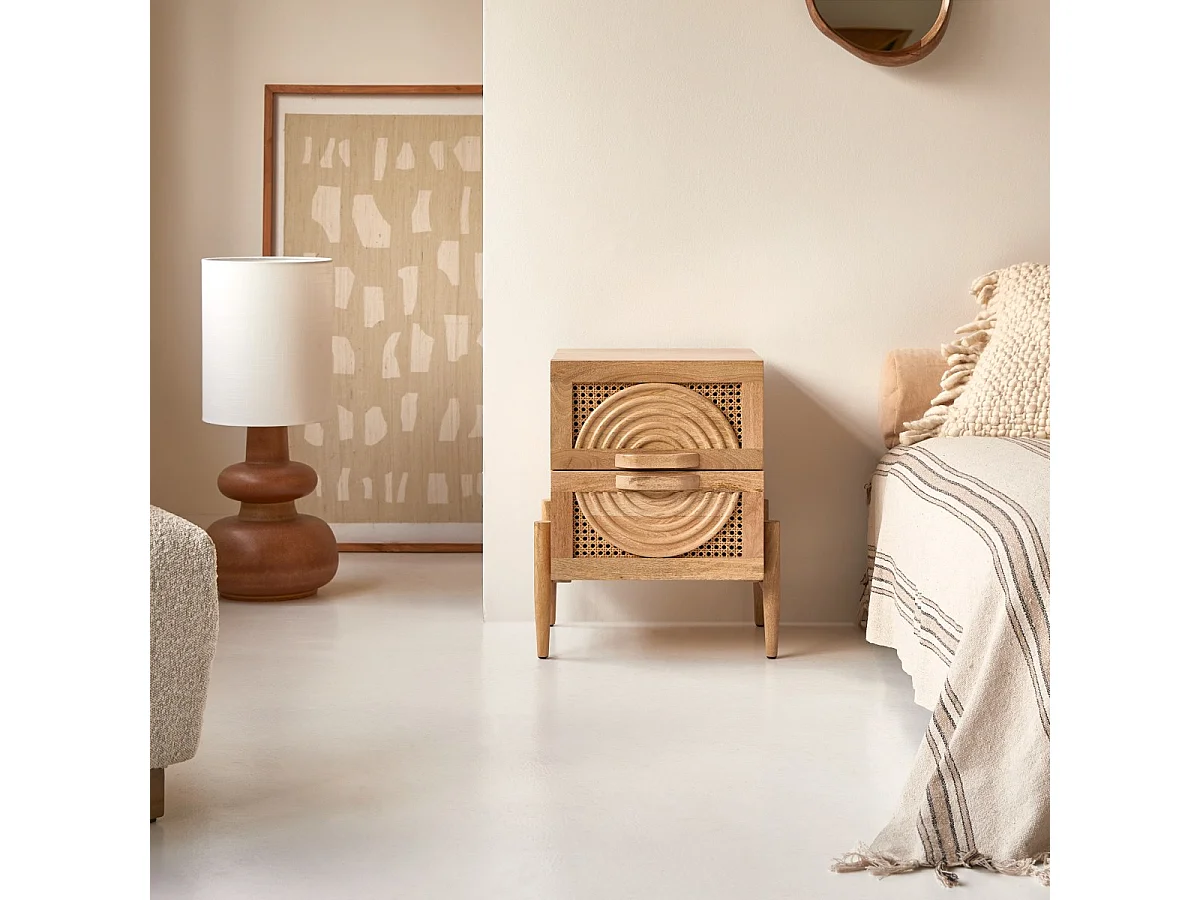 Comodino in legno di mango massello e rattan