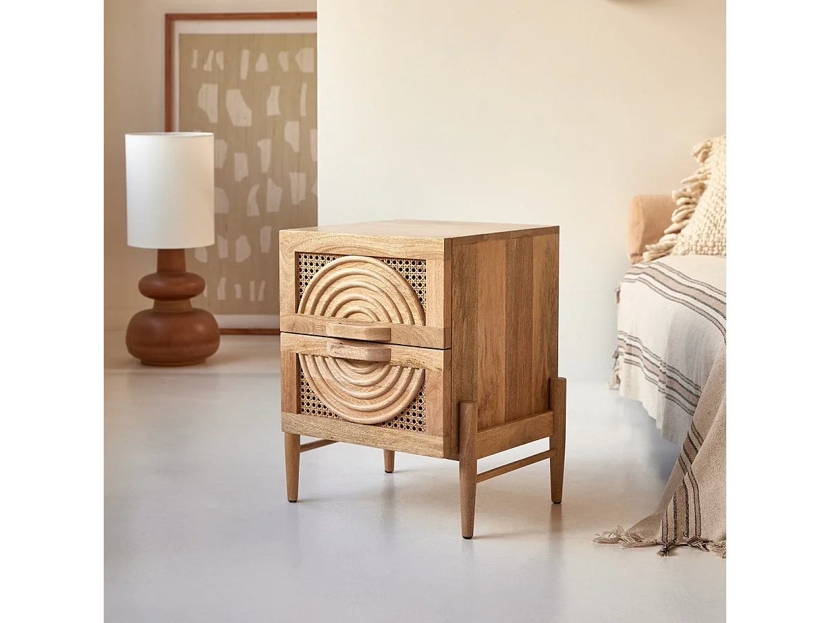 Comodino in legno di mango massello e rattan