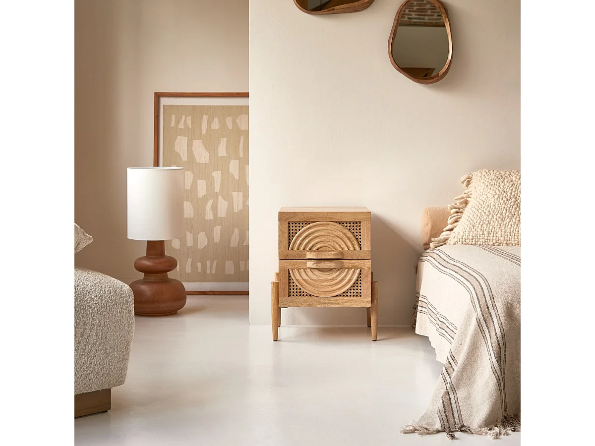 Comodino in legno di mango massello e rattan