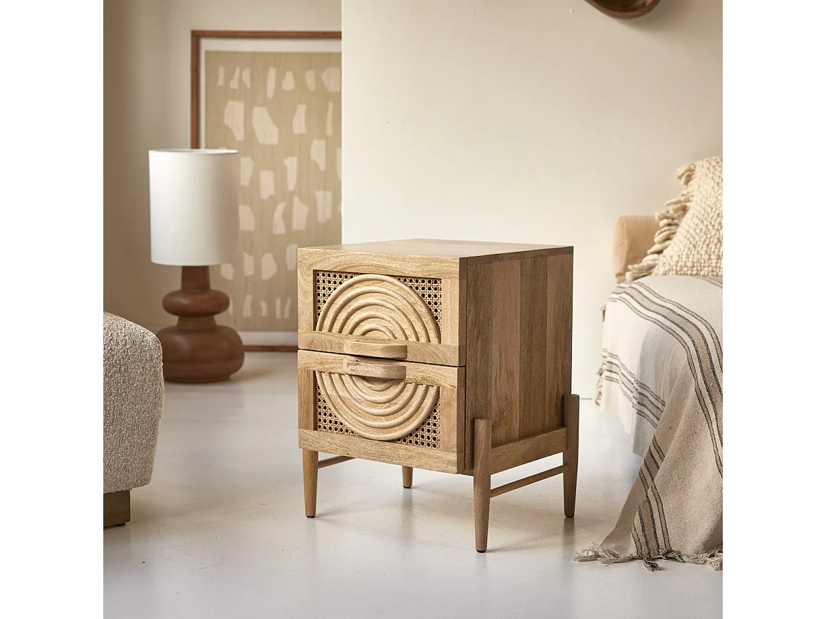 Comodino in legno di mango massello e rattan