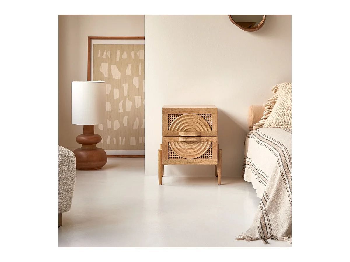 Comodino in legno di mango massello e rattan