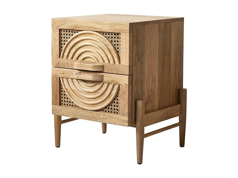 Nachttisch aus massivem Mangoholz und Rattan