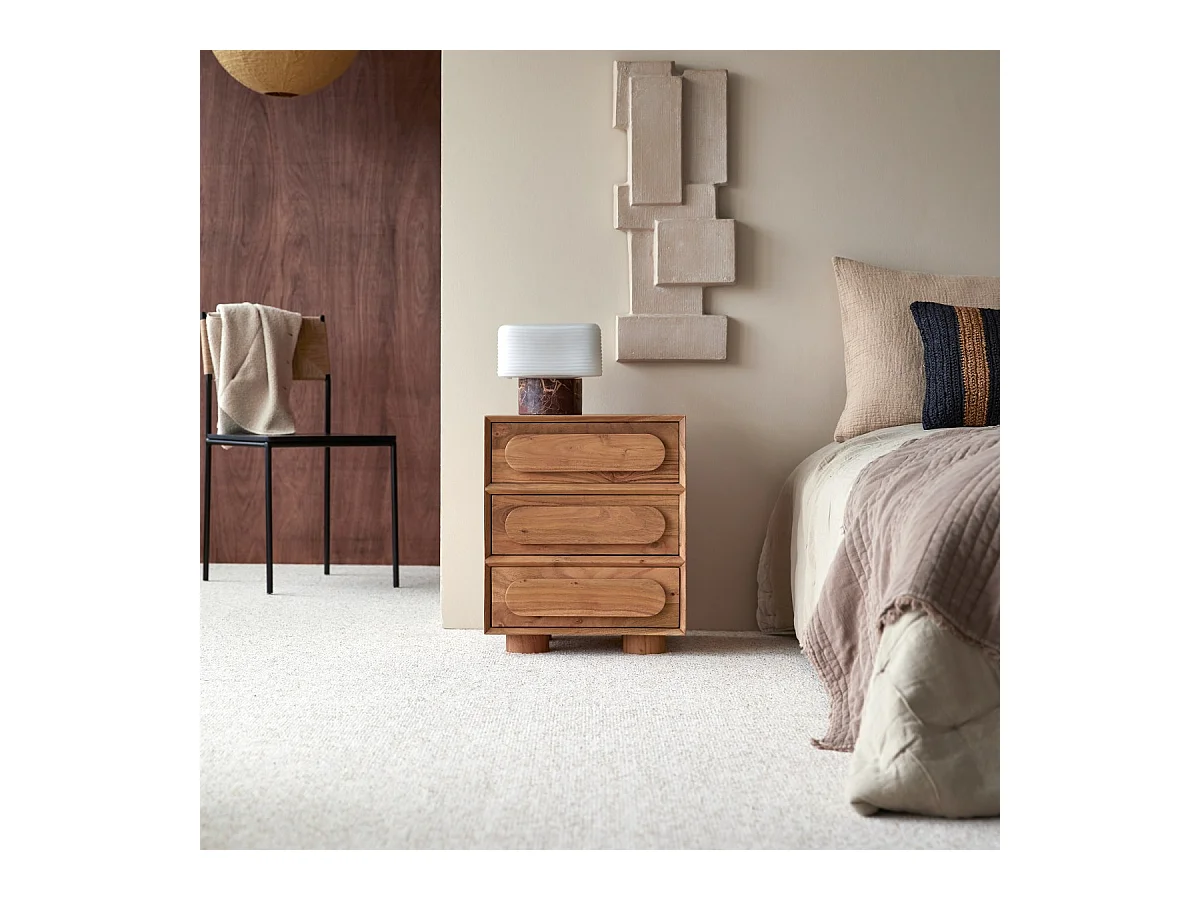 Comodino in legno massello di acacia a 3 cassetti