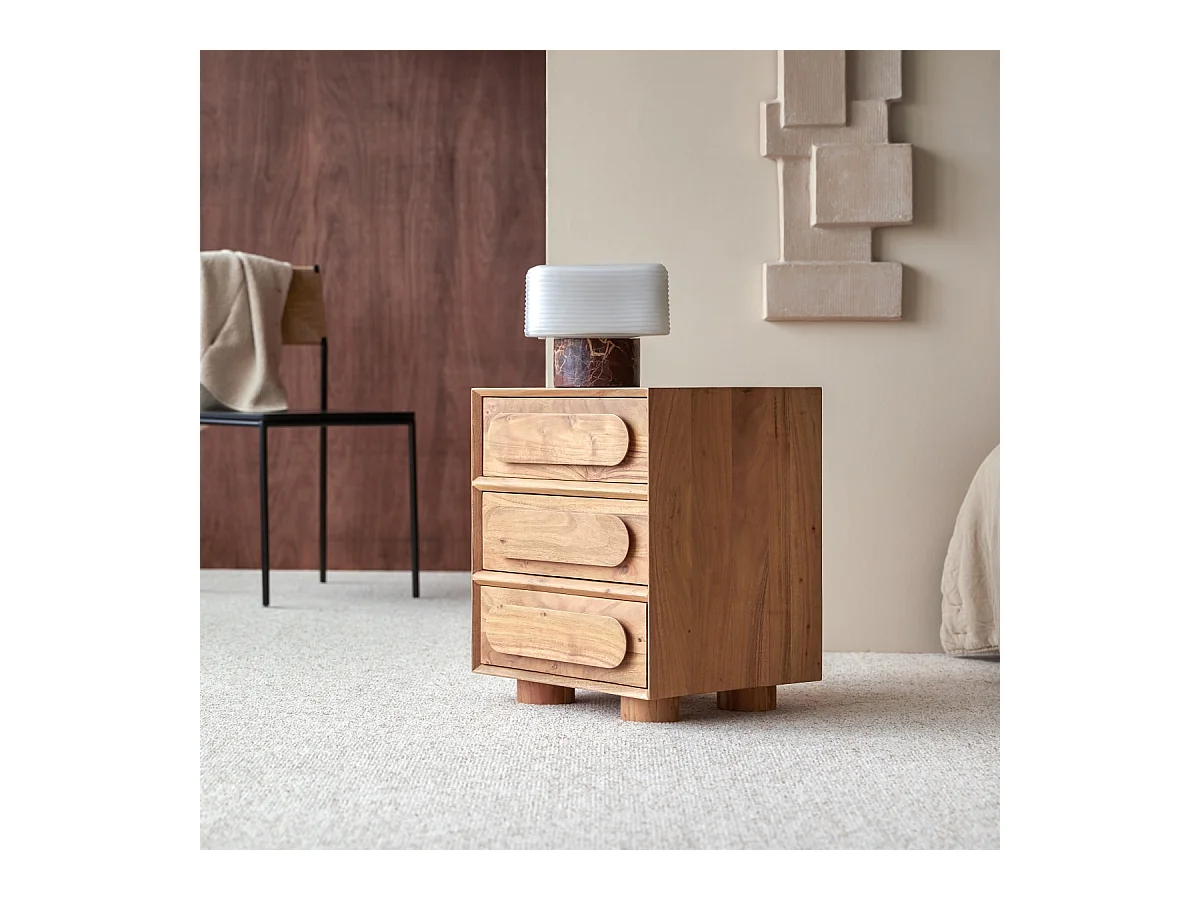 Comodino in legno massello di acacia a 3 cassetti