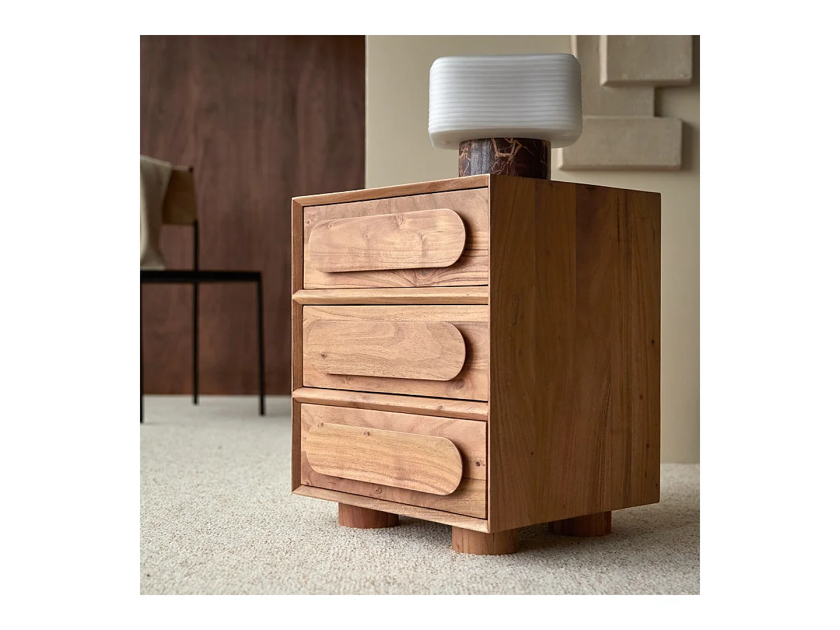 Comodino in legno massello di acacia a 3 cassetti