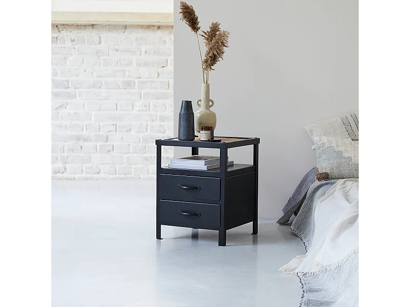 Comodino tavolino letto metallo nero camera da letto 2 cassetti design soggiorno
