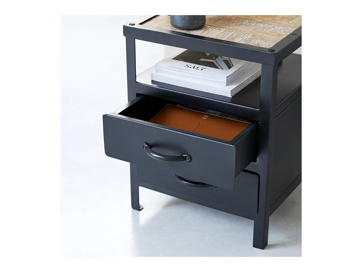 Nachtschrank mit 2 Schubladen industrielles Design schwarz Metall Tischchen neu