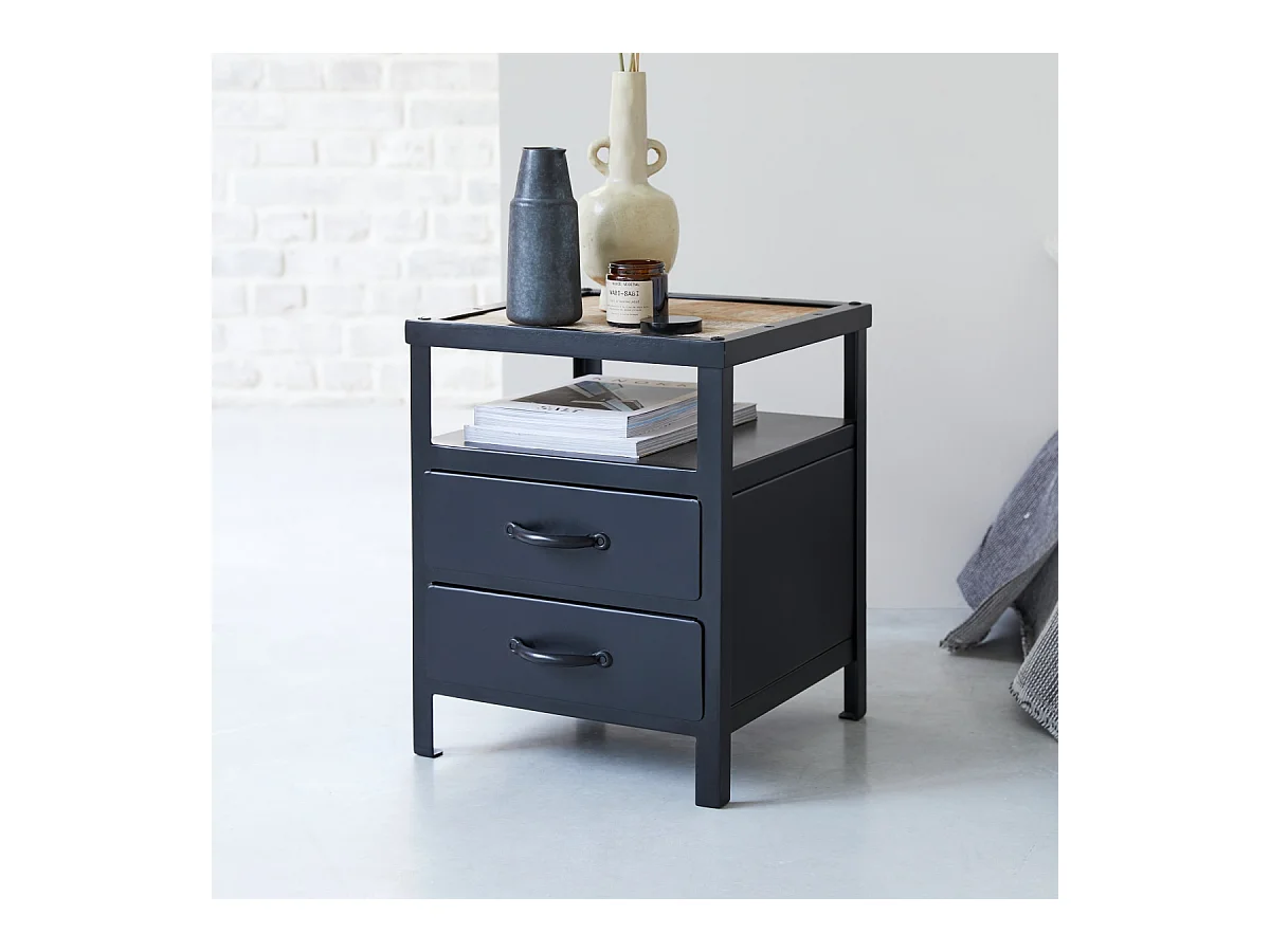 Nachtschrank mit 2 Schubladen industrielles Design schwarz Metall Tischchen neu