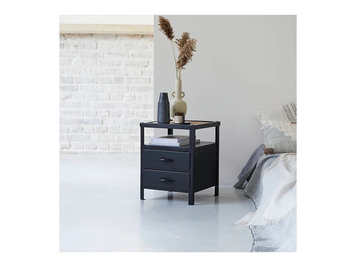 Comodino tavolino letto metallo nero camera da letto 2 cassetti design soggiorno
