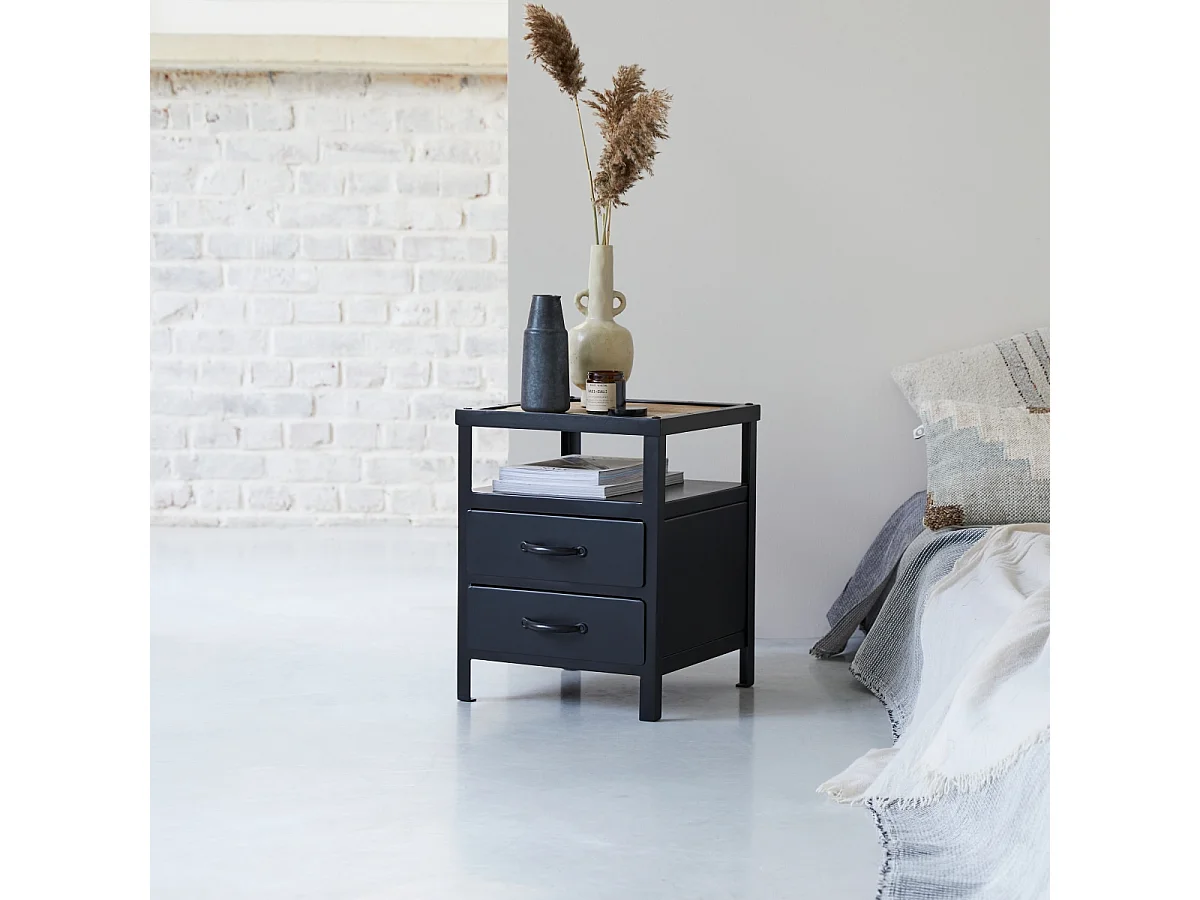 Comodino tavolino letto metallo nero camera da letto 2 cassetti design soggiorno