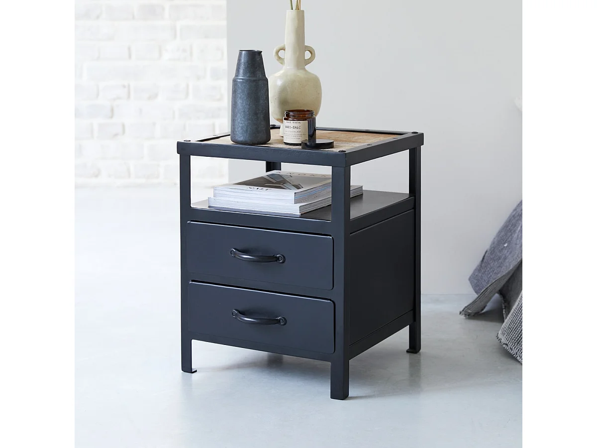 Comodino tavolino letto metallo nero camera da letto 2 cassetti design soggiorno