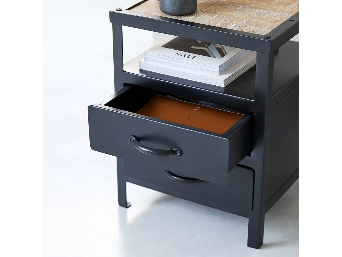 Nachtschrank mit 2 Schubladen industrielles Design schwarz Metall Tischchen neu