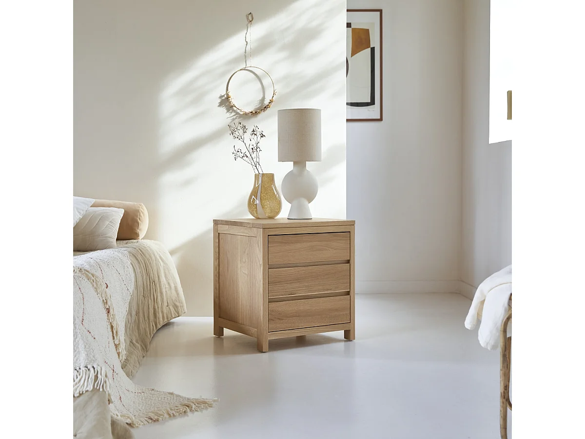 Comodino a 3 cassetti Eden in quercia massello 55 cm