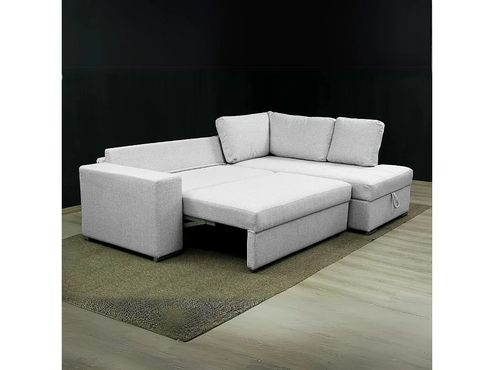 Divano letto angolare Bali con penisola contenitore in tessuto grigio chiaro 248x176x92H