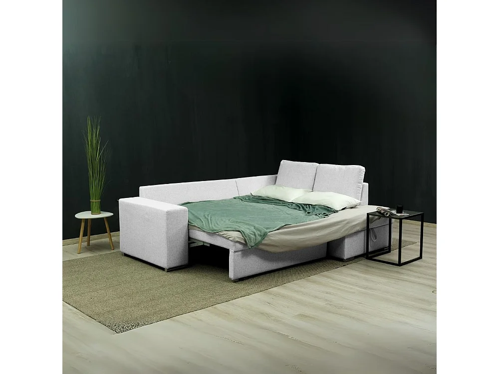 Divano letto angolare Bali con penisola contenitore in tessuto grigio chiaro 248x176x92H