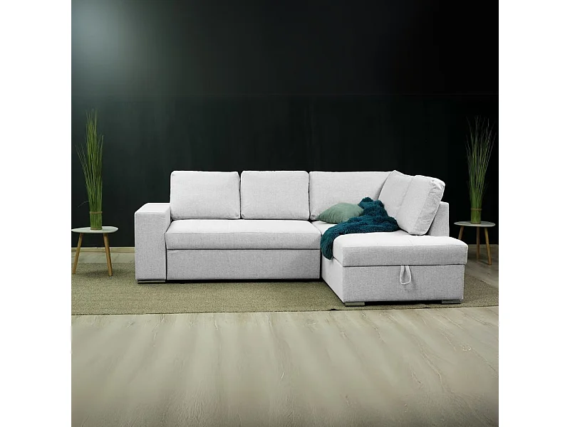 Divano letto angolare Bali con penisola contenitore in tessuto grigio chiaro 248x176x92H