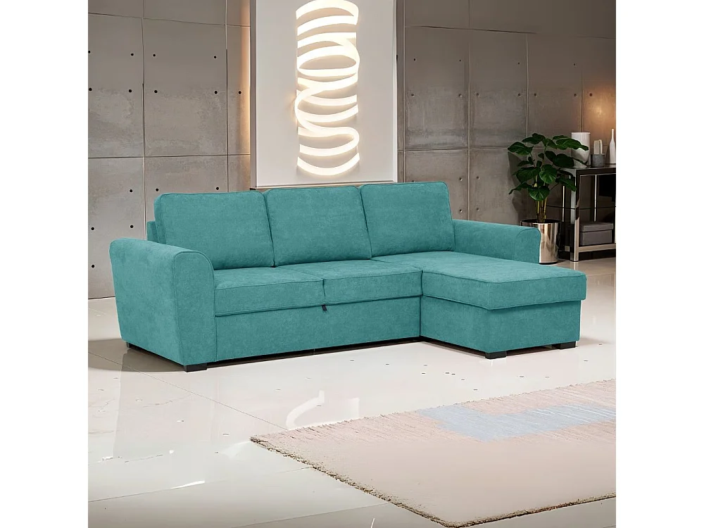 Divano letto penisola Reversibile Aston con contenitore in tessuto turchese 251.5x159.5x86H