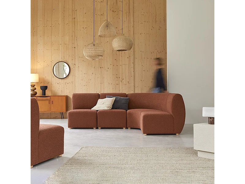 Divano angolare modulare Swann da 4 posti in acacia massello e tessuto terracotta
