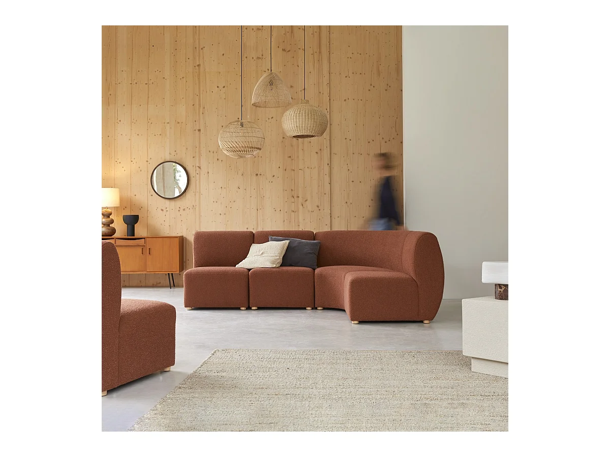 Divano angolare modulare Swann da 4 posti in acacia massello e tessuto terracotta