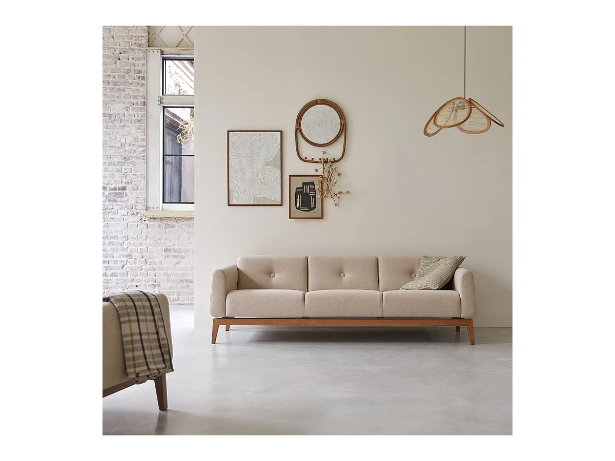 Canapé Bjorn en chêne massif et lainage écru 3 places, 3 places