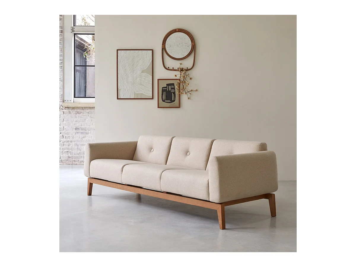 Canapé Bjorn en chêne massif et lainage écru 3 places, 3 places