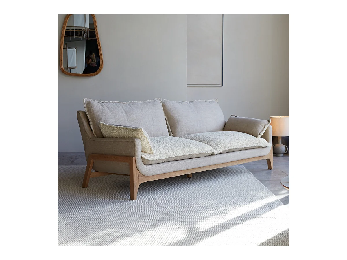 Sofa Woodnest mit massivem Eichenholzgestell und Leinenbezug 3-Sitzer ,3-Sitzer