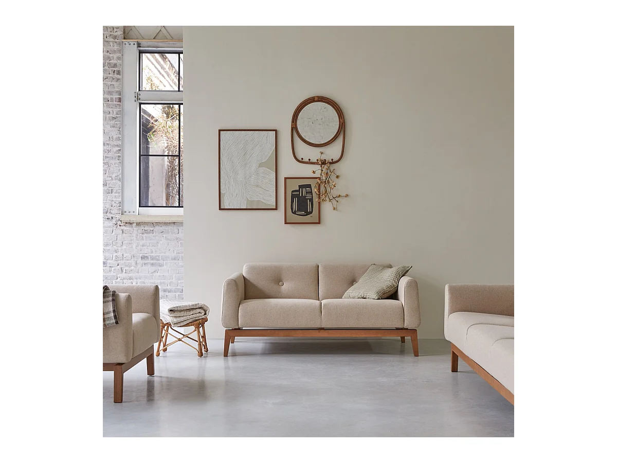 2-Sitzer-Sofa Bjorn aus massiver Eiche und Ecru-Wolle ,2-Sitzer