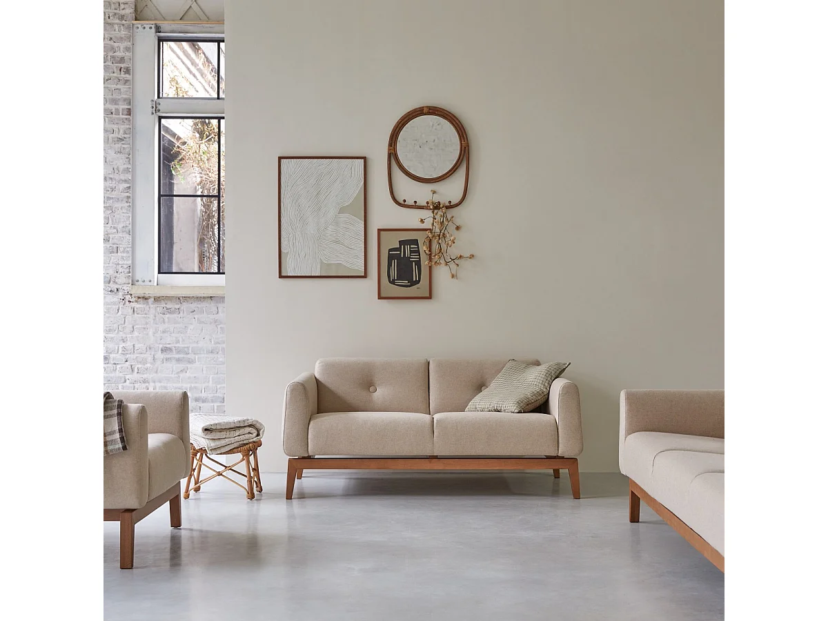 2-Sitzer-Sofa Bjorn aus massiver Eiche und Ecru-Wolle ,2-Sitzer