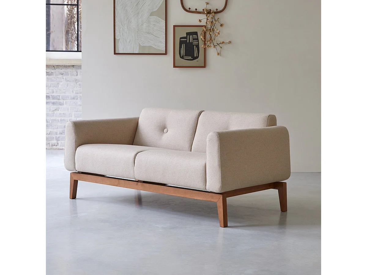 2-Sitzer-Sofa Bjorn aus massiver Eiche und Ecru-Wolle ,2-Sitzer