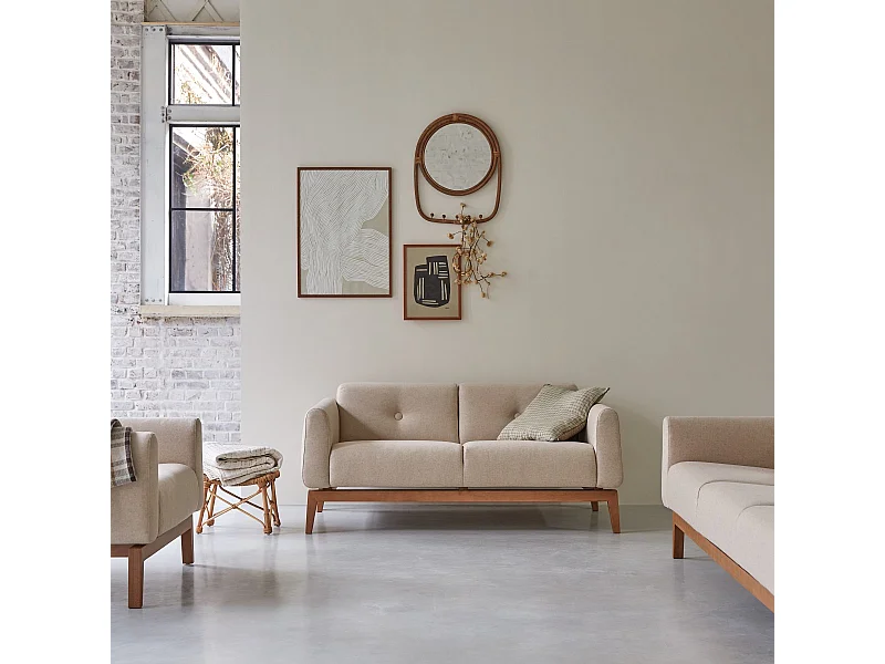 2-Sitzer-Sofa Bjorn aus massiver Eiche und Ecru-Wolle ,2-Sitzer